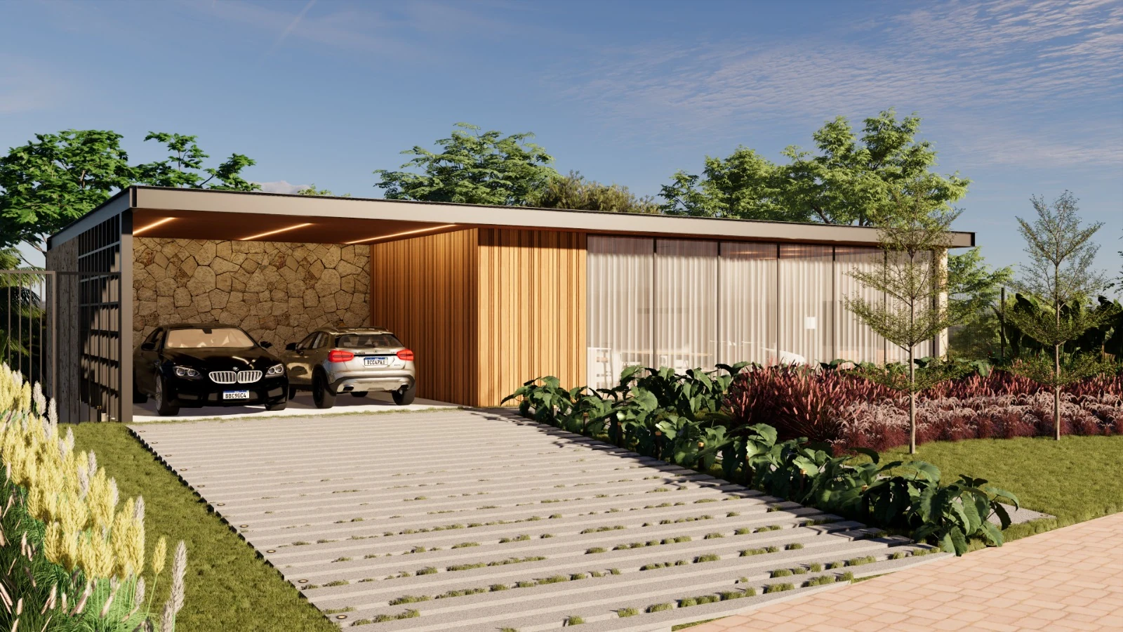 Renderização da fachada e garagem da residência em Itupeva/SP