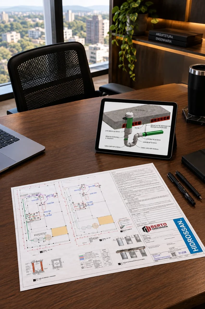Prancha de projeto BERTO com plantas técnicas e tablet exibindo modelagem 3D sobre mesa de escritório