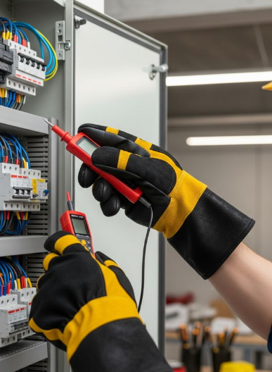 Eletricista com luvas de proteção realizando medições em quadro de distribuição elétrica