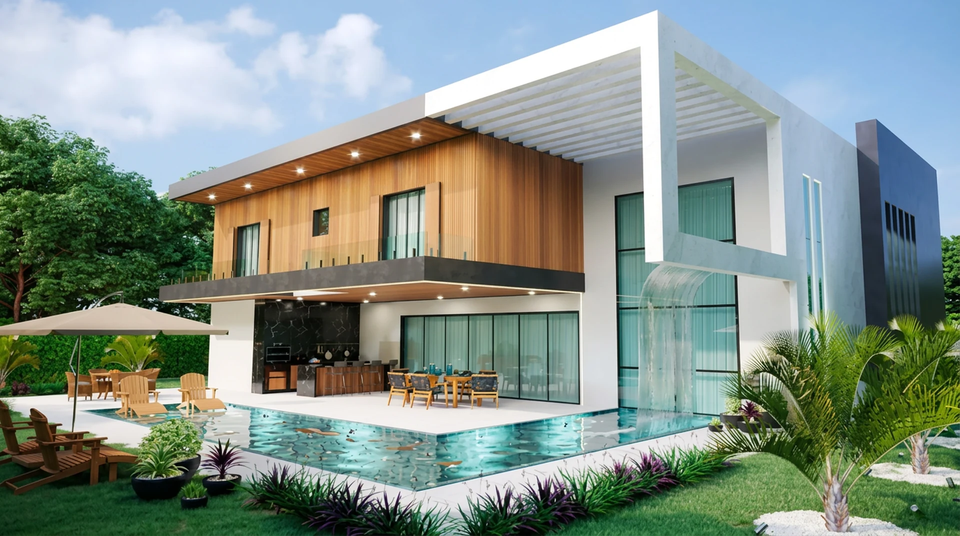 Renderização da residência contemporânea em São Roque/SP com piscina e área gourmet integrada