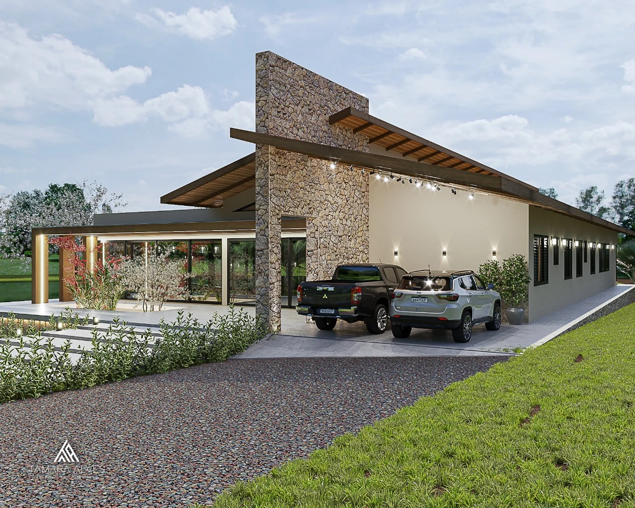 Renderização da fachada de casa de campo com garagem e varanda integrada