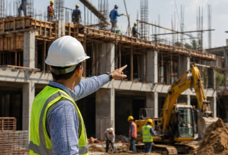 Engenheiro de capacete e colete refletivo apontando para uma obra em andamento, com estrutura de concreto, ferragens e escavadeira